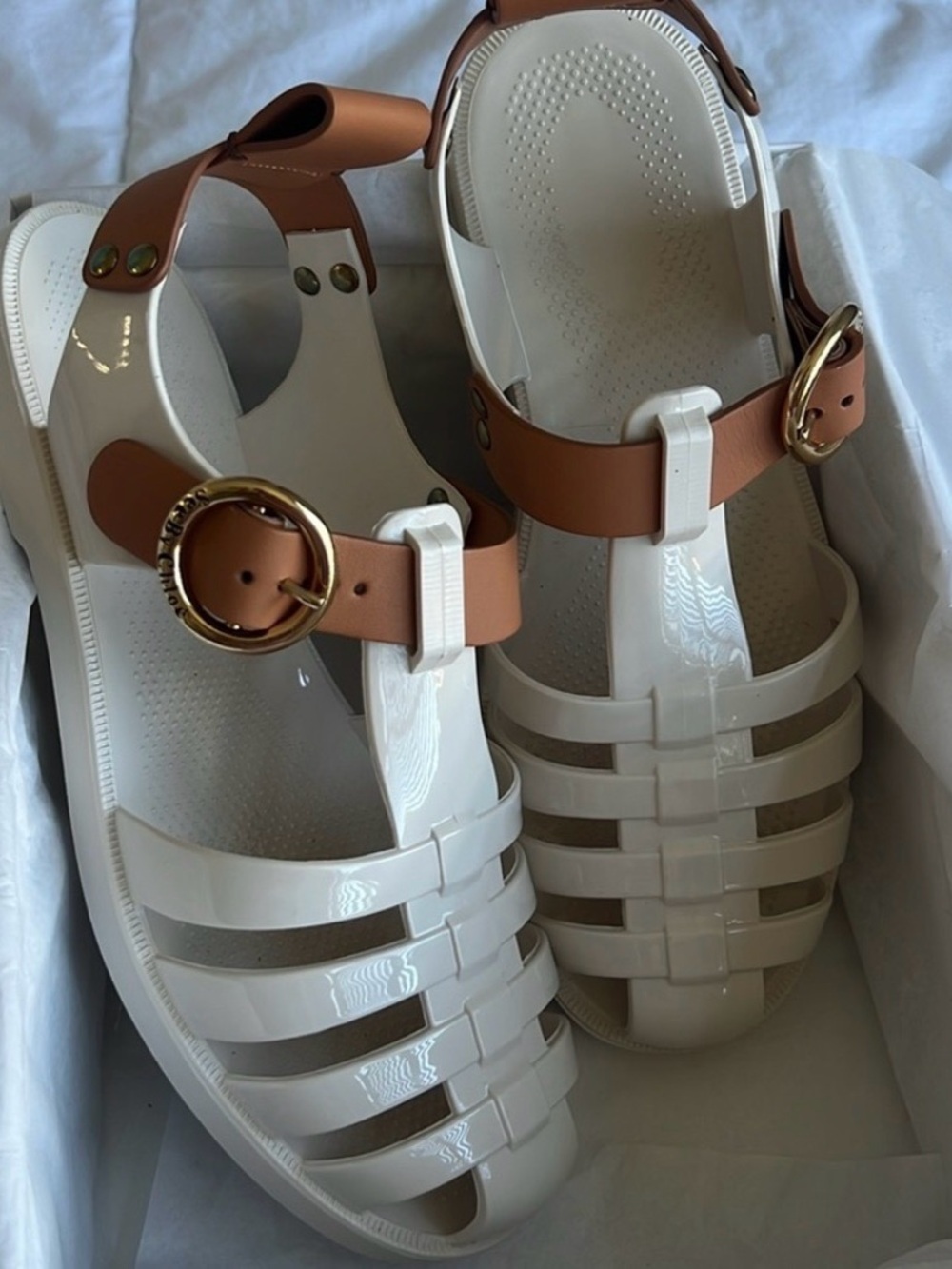 See by Chloe Cream Jelly Fisherman Sandals with Tan Buckle Strap